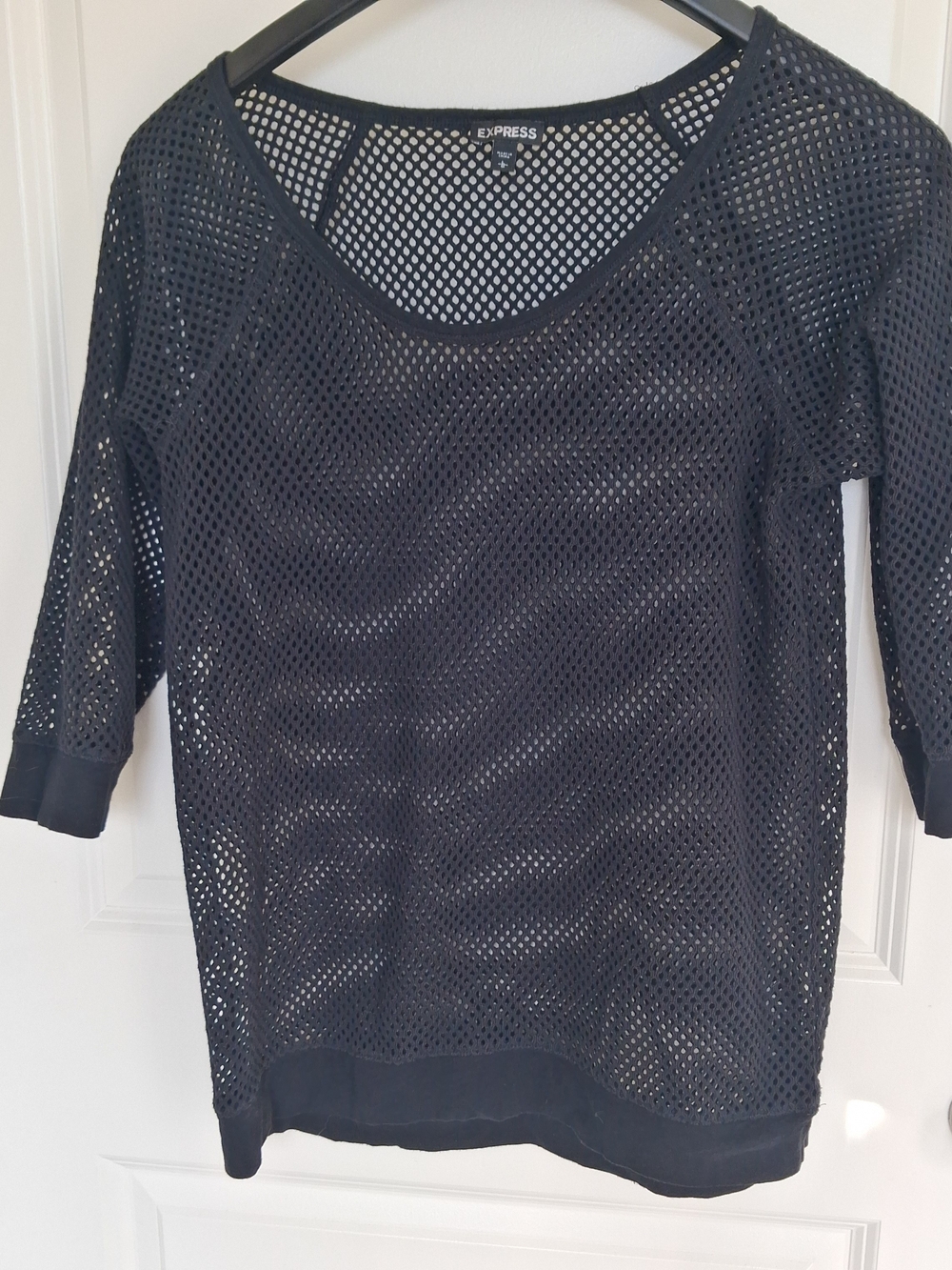Express Black Mesh Fishnet Knit 3/4 Sleeve Pullover Top Cover Up Size Large